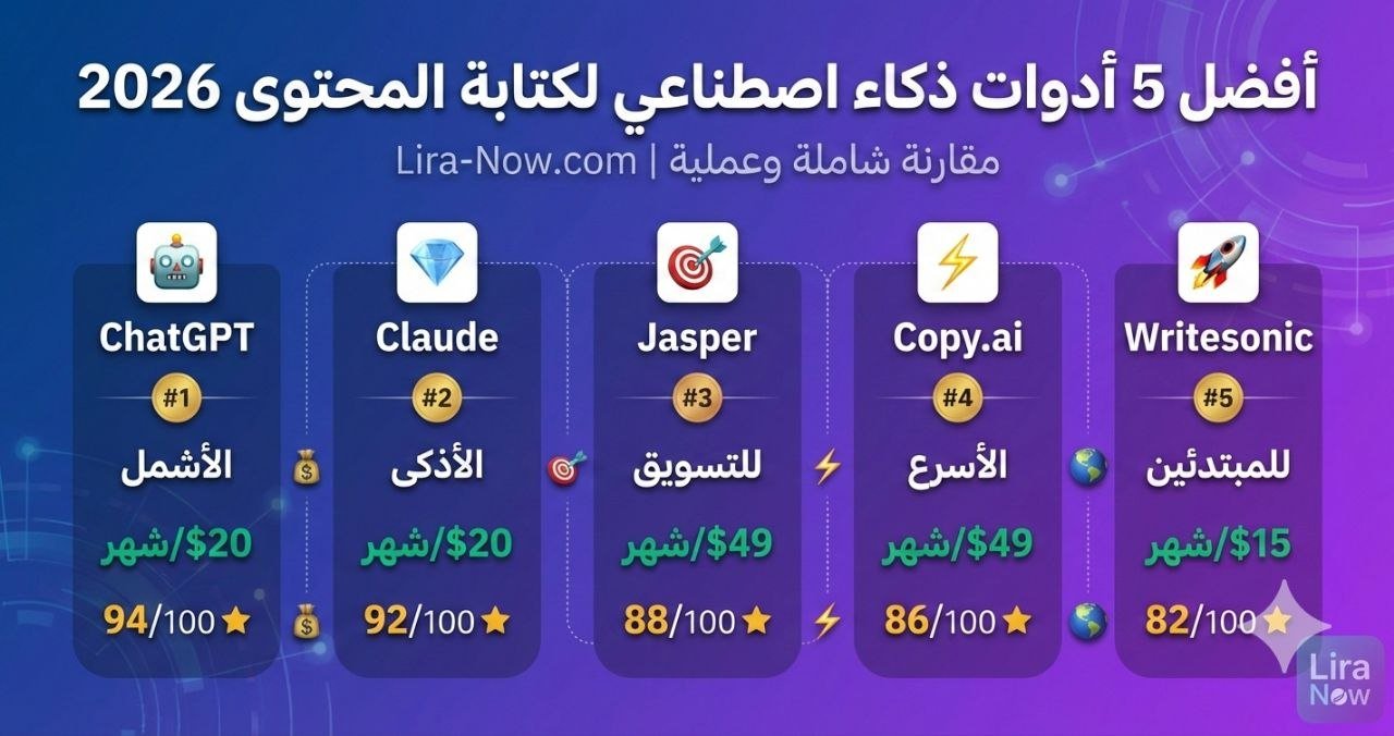 أفضل 5 أدوات ذكاء اصطناعي لكتابة المحتوى في 2026: مقارنة شاملة وعملية