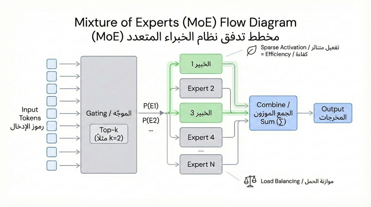 مخطط تدفق MoE يوضح: رموز الإدخال → الموجّه (Gating/Router) → اختيار Top‑k خبراء → الجمع الموزون → المخرجات